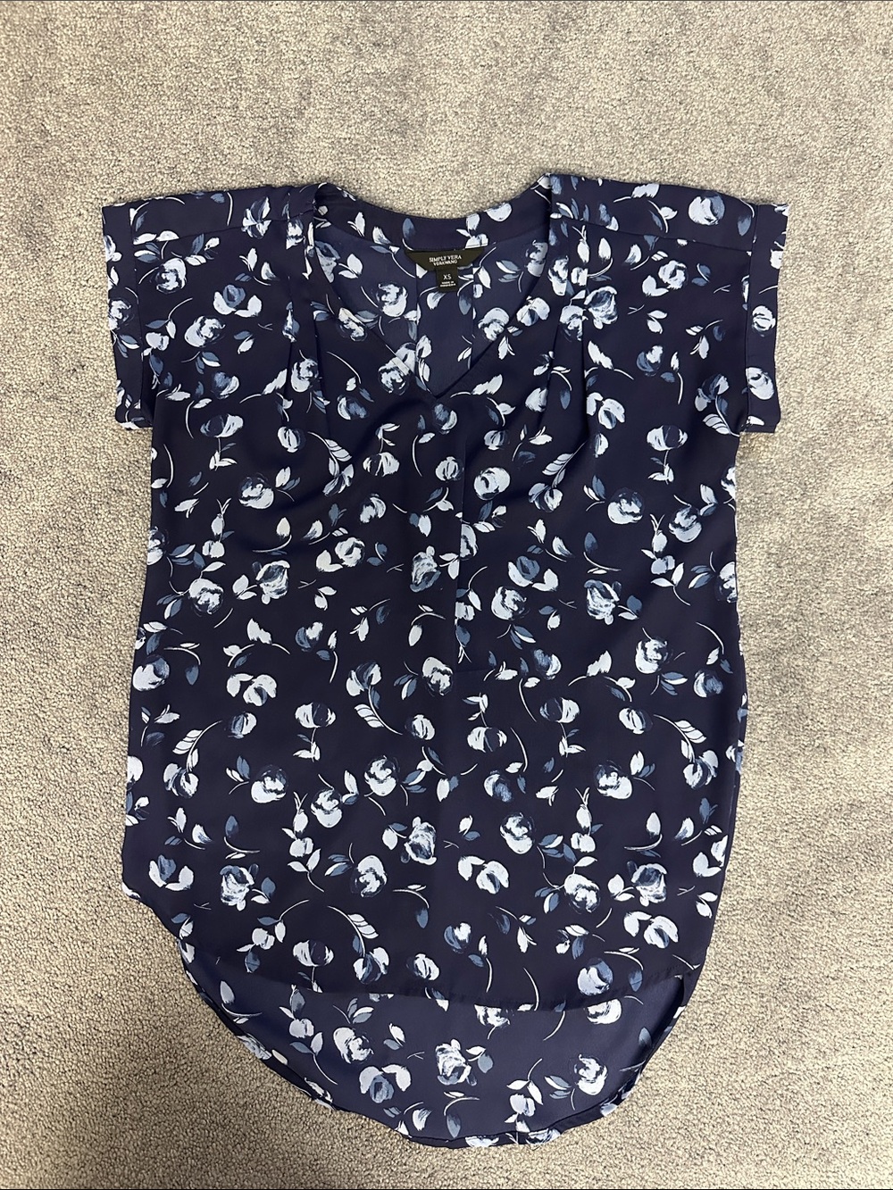 Simply Vera Vera Wang Navy Floral V-Neck Blouse with Light Blue Blooms